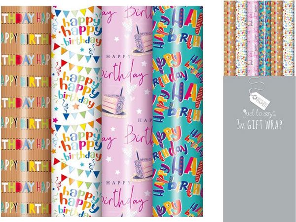 Just To Say - 36 Rolls of 3mtr Gift Wrap, Assorted Happy Birthday Designs