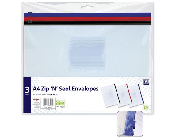 A* Stationery 3 pack Zip N Seal Document Envelopes