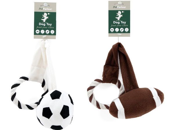Pet Parlour -  Squeaky Football/Rugby Plush Dog Toy With Rope, Assorted