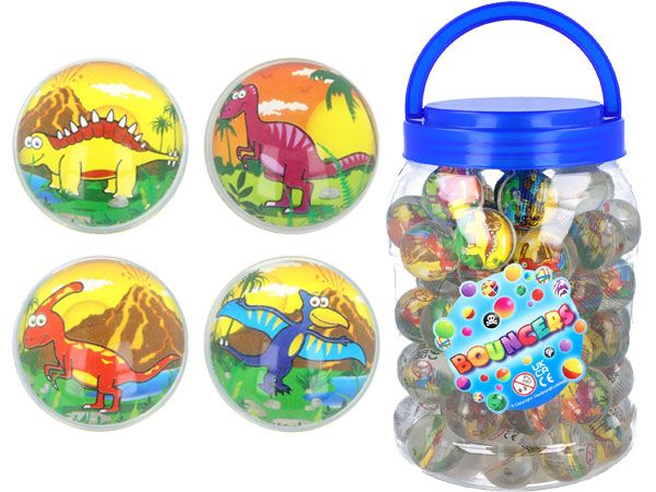 72x Mixed 33mm Dinosaur Bouncy / Jet Balls In Counter Drum