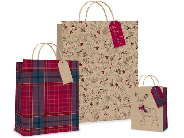 12x 3 Pack, Small, Medium Large Christmas Gift Bags, Trad Kraft Designs