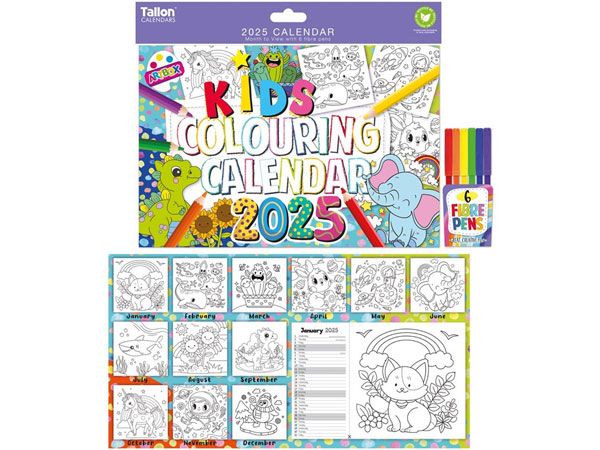 Kids Colouring 2025 Calendar With 6 Fibre Pens