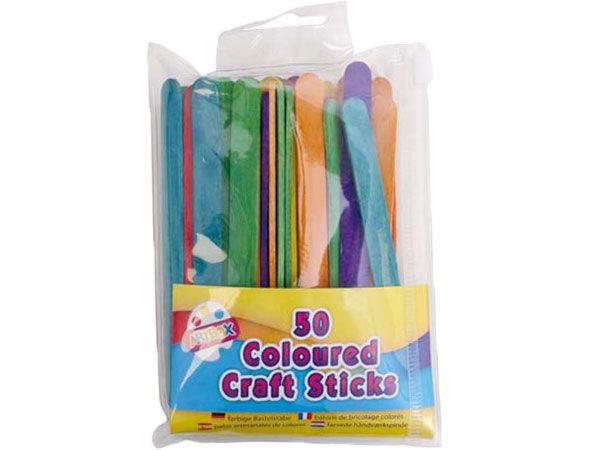 Art Box - 50  Coloured Wooden Lolly Craft Sticks, In Re-Sealable Pack | 1186