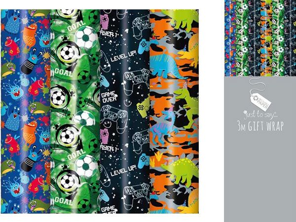 Just To Say - 36 Rolls of 3mtr Gift Wrap, Assorted Boys Designs