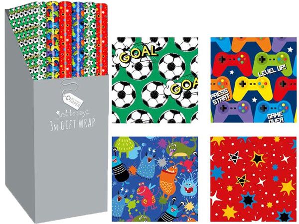 Just To Say - 36 Rolls of 3mtr Gift Wrap, Assorted Boys Designs