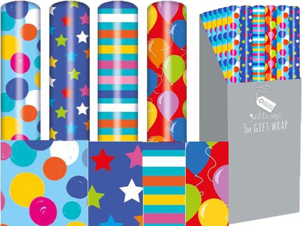 Just To Say - 36 Rolls of 3mtr Gift Wrap, Assorted Brights Designs