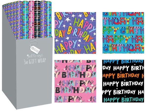 Just To Say - 36 Rolls of 3mtr Gift Wrap, Assorted Happy Birthday Designs