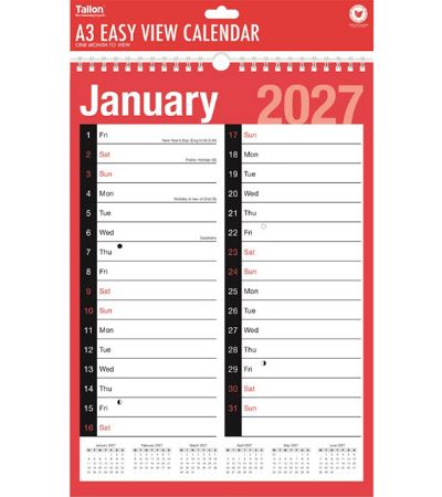 A3 Month To View 2 Column Red & Black Calendar