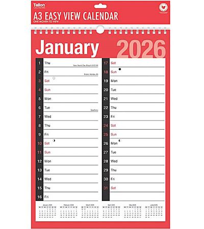 A3 Month To View 2 Column Red & Black Calendar