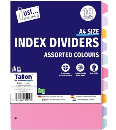 Just Stationery 10pk A4 Index Subject Dividers | 4051/72