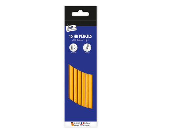 Just Stationery 15pk HB Yellow Rubber Tipped Pencils