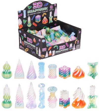 Display Of 48x Sculptworx 3D Printed Fidget Twisters In Assorted Designs