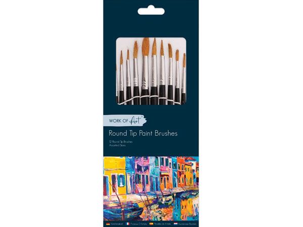 Work Of Art - 12 Natural Round Tip Artist Paint Brushes In Assorted Sizes