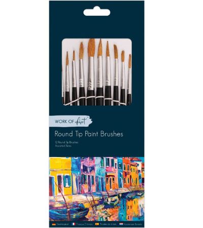 Work Of Art - 12 Natural Round Tip Artist Paint Brushes In Assorted Sizes