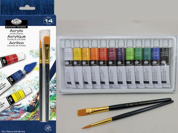 Royal and Langnickel  - 12 Colour Acrylic 12ml Artist Paints + 2 Paint Brush Set | ACR12