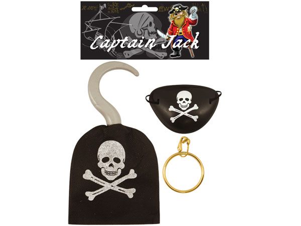 Captain Jack 3pce Pirate Set, Pirate Hook, Eye Patch , Earring | B52774