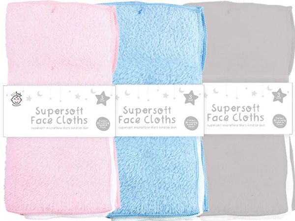 123 Baby - 3pk Supersoft Baby Face Cloths, Assorted Picked At Random | BAB0731