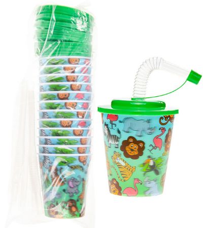 12x Jungle Wild Animals 3D Plastic Cup With Straw And Lid | LG8172