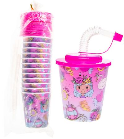 12x Princess 3D Plastic Cup With Straw And Lid | LG8180