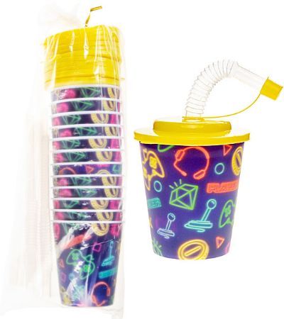 12x Gamer 3D Plastic Cup With Straw And Lid | LG8181