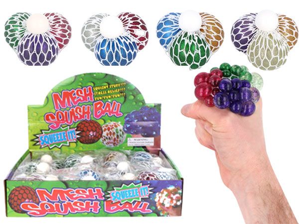 12x 3-in-1 Glitter Ball Mesh Squeeze Ball, 6.5cm In Counter Display Unit
