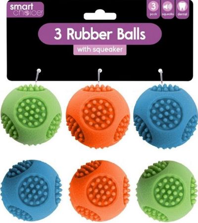 Smart Choice Squeaky 3 Pack Rubber Dog Balls In Assorted Colours