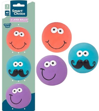 Smart Choice 3 Pack Squeaky Latex Face Ball Dog Toy In Assorted Colours