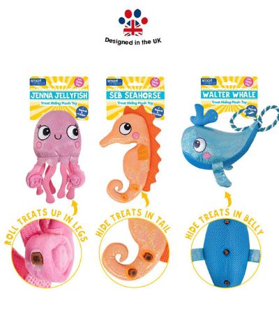 Smart Choice Treat Hiding Squeaky Summer Plush Dog Toy, Assorted Designs
