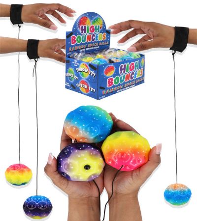 24x High Bouncers Rainbow Space Balls With Return Strap | T65450