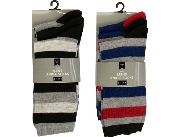 Mens 3 Pair Stripe Ankle Socks, Assorted Colours Picked At Random