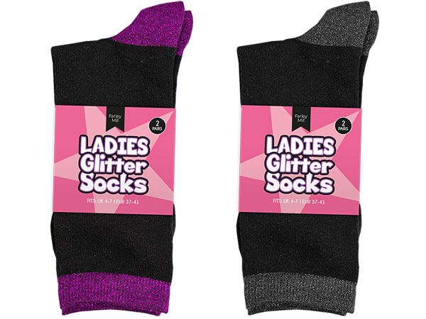 Ladies 2 Pair Lurex Socks, Assorted Colours Picked At Random | TEX4386