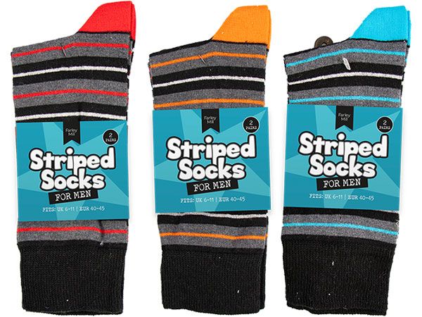 Mens 2 Pair Striped Socks, Assorted Colours Picked At Random