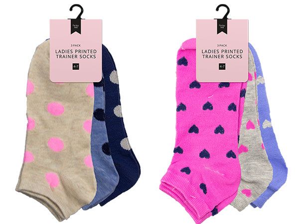 Ladies 3 Pair Printed Trainer Socks, Assorted Colours Picked At Random