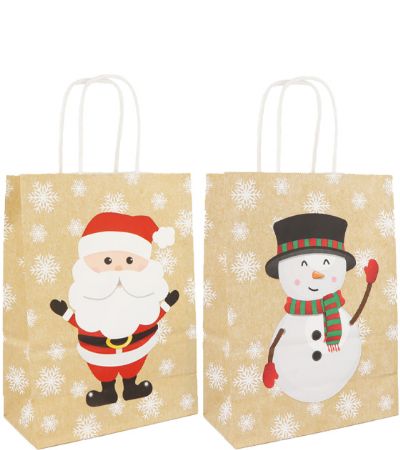 12x Christmas Kraft Paper Bag With Twist Handles In Assorted Designs | W30767