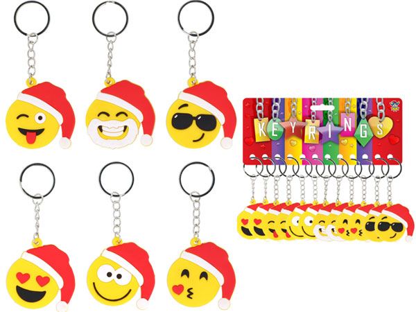 12x Christmas Smiley Face Keychains In Assorted Festive Designs