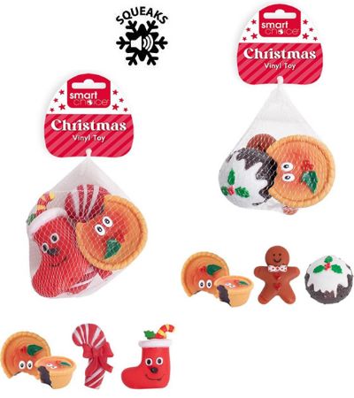 Smart Choice Christmas - 3 Pack Festive Squeaky Vinyl Dog Toys, Assorted