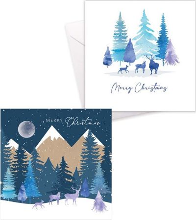 Festive Wonderland 10pk Square Christmas Cards - Kraft Design Midnight Forest | X9021A