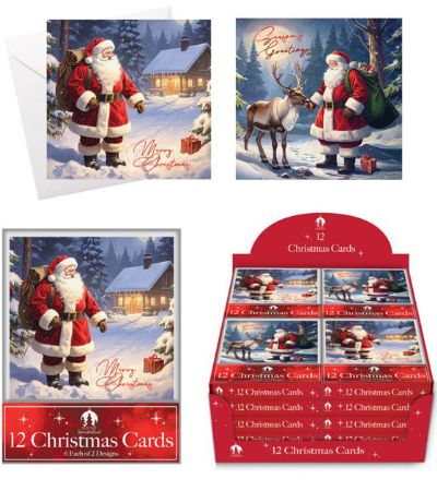 Festive Wonderland 12pk Square Christmas Cards - Santa/Reindeer Design