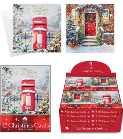 Festive Wonderland 12pk Square Christmas Cards - Post Box And Door Design