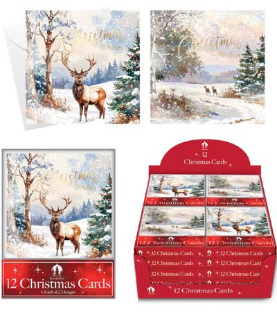 Festive Wonderland 12pk Square Christmas Cards - Deer Scene Design