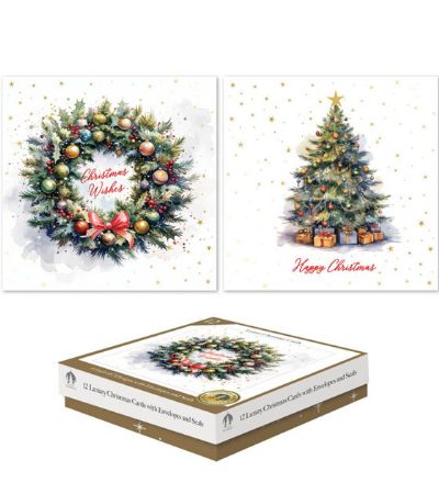 Festive Wonderland 12 Luxury Square Christmas Cards - Tree/Wreath