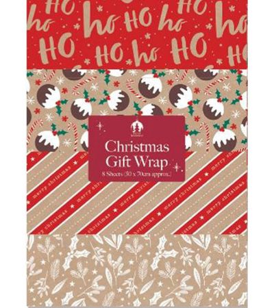 Festive Wonderland 8 Sheet Assorted Kraft Christmas Flat Wrap Gift Wrap 