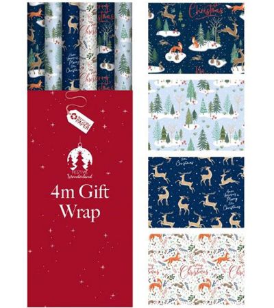 36 Rolls Festive Country Woodland 4m Gift Wrap In Floor Display
