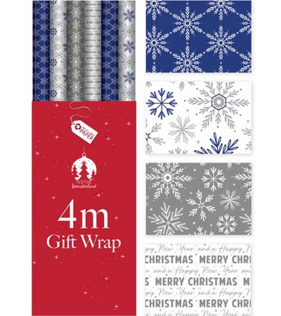 36 Rolls Festive Blue Snowflakes 4m Gift Wrap In Floor Display