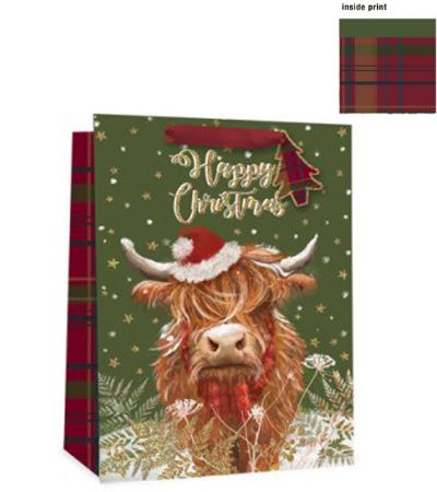 6x Medium Christmas Gift Bag with Inside Print - Highland Cow Design