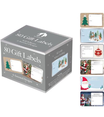 Festive Wonderland - 80x Silver Foil Adhesive Gift Labels, Assorted Designs
