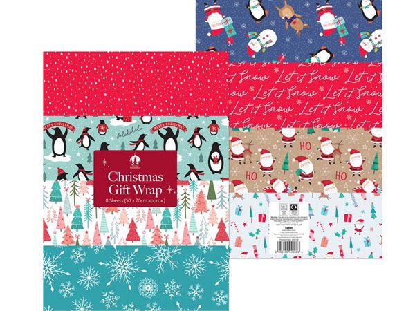 Festive Wonderland 8 Sheet Assorted Christmas Flat Wrap Gift Wrap 