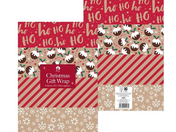 Festive Wonderland 8 Sheet Assorted Kraft Christmas Flat Wrap Gift Wrap 