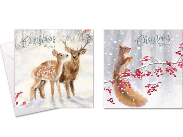 Festive Wonderland 10pk Square Christmas Cards - Reindeer/Robin Design
