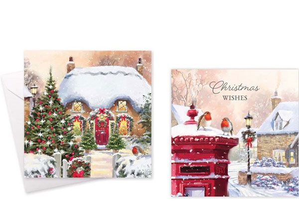 Festive Wonderland 10pk Square Christmas Cards - Traditional Scenes